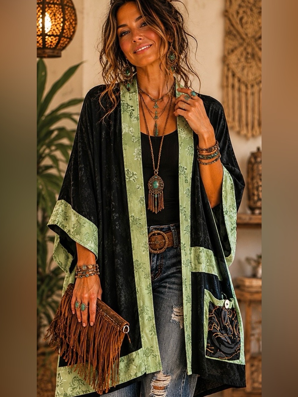 Boho Velvet Kimono Jacket with Sage Trim - Women’s Black Cape